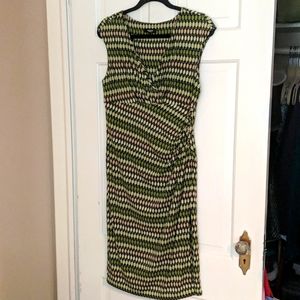 Premise faux-wrap dress, retro green print, L